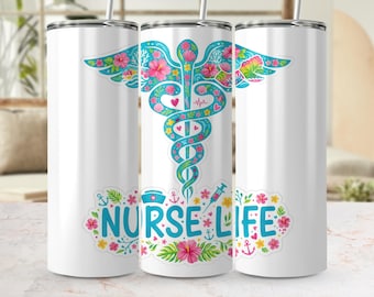 Diseño PNG de envoltorio para vaso Nurse Life / Caduceo floral tropical (descarga digital)