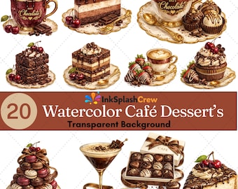 Imágenes prediseñadas de postres de cafetería en acuarela, dulces de chocolate y cereza PNG (descarga digital)