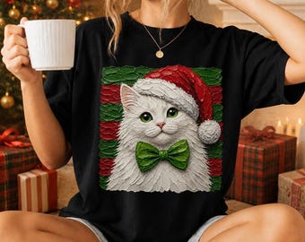 Christmas Cat PNG Digital Download, Oil Painting Style, Santa Hat, Green Eyes (Commercial Use)
