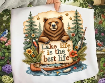 Imagen PNG de oso en acuarela, gráfico de cabaña rústica, estampado de vida en el lago (descarga digital)