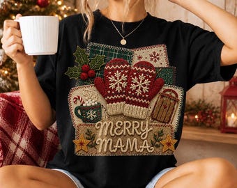 Merry Mama Christmas PNG, Rustic Knit Mittens, Patchwork Holiday Design (Digital Download)