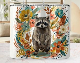 Diseño PNG de envoltura floral de mapache para vaso, diseño bohemio de animales para sublimación (descarga digital)