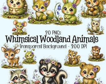 Paquete de imágenes prediseñadas de animales del bosque con un toque fantasioso, 20 criaturas del bosque en formato PNG (descarga digital)