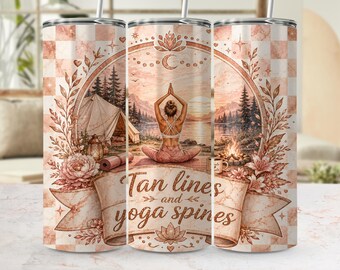 Diseño PNG de líneas de bronceado, yoga y columna vertebral para vasos, diseño de sublimación estilo boho para acampar.