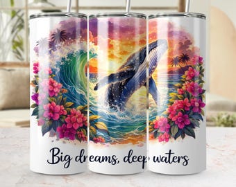 Humpback Whale Tumbler Wrap, Ocean Sunset PNG, Tropical Flowers Sublimation Design (Digital Download)