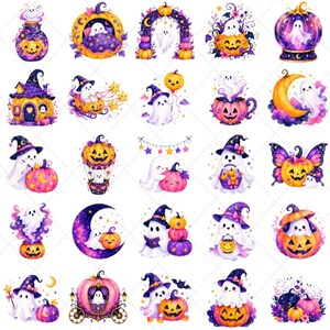 Puede incluir: Una colecci&oacute;n de ilustraciones caprichosas con tem&aacute;tica de Halloween que presentan fantasmas, calabazas y sombreros de bruja. Los dise&ntilde;os incorporan colores morados, naranjas y amarillos, con algunos elementos sobre un fondo blanco. Las ilustraciones son de estilo caricaturesco.