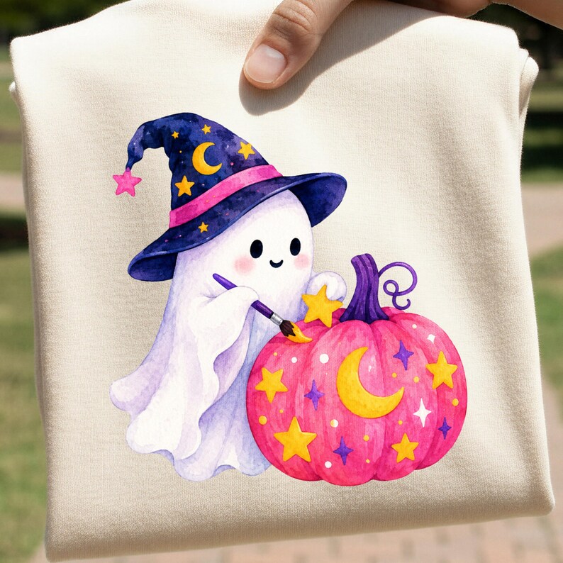 Puede incluir: Una camiseta color crema con un dise&ntilde;o caprichoso de Halloween. Un fantasma lindo con un sombrero de bruja con estrellas y una luna creciente est&aacute; pintando una calabaza rosa con estrellas y una luna creciente. El dise&ntilde;o es una ilustraci&oacute;n de acuarela.