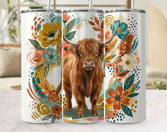 Diseño PNG de vaca de las Tierras Altas para vasos, archivo de sublimación floral boho, arte de animales de granja (descarga digital)