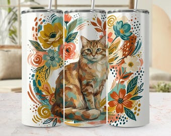 Envoltura para vaso con diseño de gato estilo bohemio, diseño floral pictórico, vaso delgado de 20 oz (descarga digital)