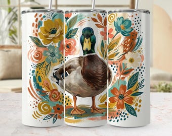 Diseño PNG de envoltura floral para vaso con pato ánade real / Diseño de sublimación de naturaleza estilo cottagecore (archivo digital)