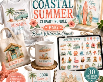 Paquete de imágenes prediseñadas de verano costero, gráficos PNG de acuarela de playa (descarga digital)