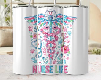 Envoltura para vaso con diseño de acuarela tropical de la vida de enfermera PNG / Descarga digital para enfermeras registradas en el sector salud