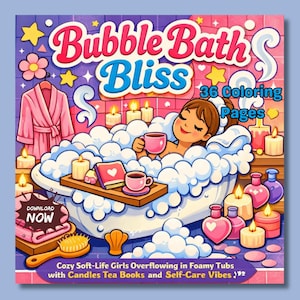 May include: A colorful illustration titled "Bubble Bath Bliss" featuring a woman relaxing in a bubble bath. The image includes candles, a pink robe, and the text "36 Coloring Pages." The bottom of the image reads "Cozy Soft-Life Girls Overflowing in Foamy Tubs with Candles Tea Books and Self-Care Vibes."