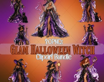 Paquete de imágenes prediseñadas de brujas glamurosas para Halloween, brujas celestiales en morado, negro y dorado (descarga digital)