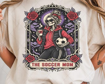 Spooky Soccer Mom Skeleton Tarot Card PNG, Gothic Roses, Coffee (Digital Download)