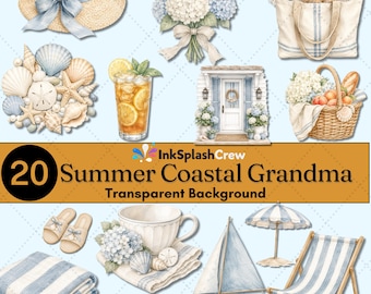 Imágenes prediseñadas de acuarela de abuela costera, paquete PNG de cabaña de playa de verano (descarga digital)