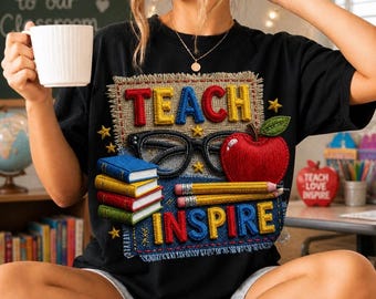 Teach Inspire Faux Embroidery PNG, Apple, Books, Glasses, Pencil (Digital Download)