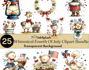 Whimsical 4th of July Clipart Bundle: Patriotic Watercolor Graphics (Digital Download)