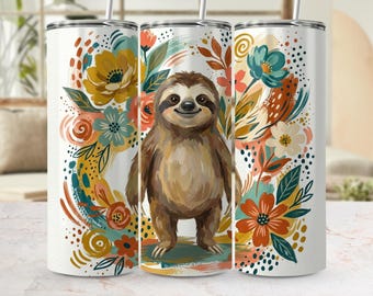 Diseño PNG de envoltura para vaso con diseño floral de perezoso / Diseño bohemio y caprichoso de animales para sublimación (archivo digital)