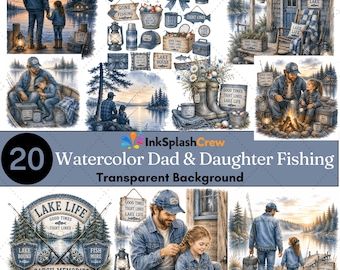 Paquete de imágenes prediseñadas de acuarela de padre e hija pescando / Vida rústica en el lago PNG (descarga digital)