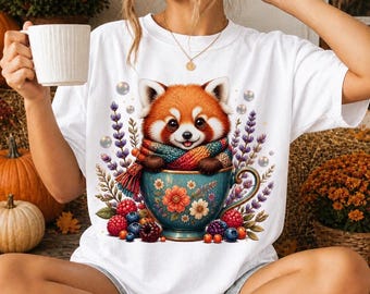 Red Panda in Teacup PNG Clipart, Cottagecore Floral Tea Party (Digital Download)