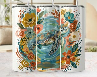 Diseño de tortuga marina estilo bohemio para vasos, vibrante arte floral oceánico, diseño de sublimación pintado (PNG)