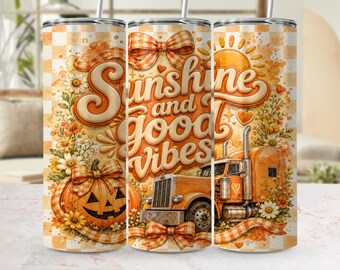 Vinilo para vaso térmico Sunshine Good Vibes Truck, diseño de calabaza de Halloween en acuarela y cuadros vichy (descarga digital)