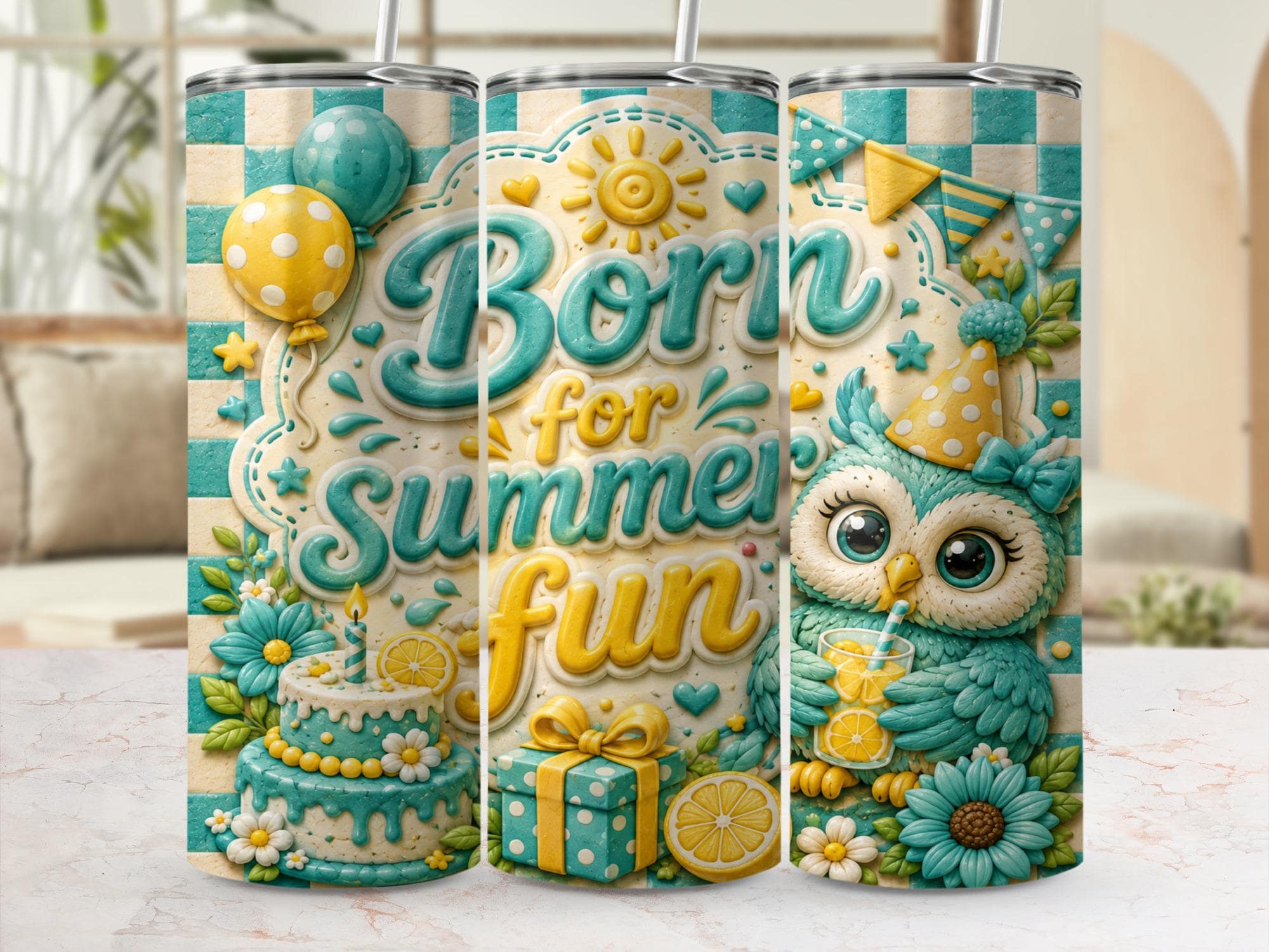 Cute Owl Born for Summer Fun 20oz Skinny Tumbler Wrap PNG, Summer Birthday Owl Sublimation Design, D