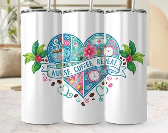 Diseño PNG para vaso térmico Nurse Coffee Repeat / Vaso térmico delgado de 20 oz (descarga digital)