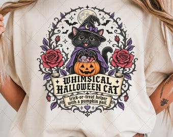 Whimsical Halloween Witch Kitten PNG, Gothic Pumpkin Pail, Roses, Bats (Digital Download)