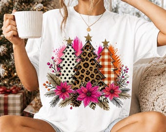 Pink Boho Christmas Tree PNG, Leopard Plaid Poinsettias (Digital Download)