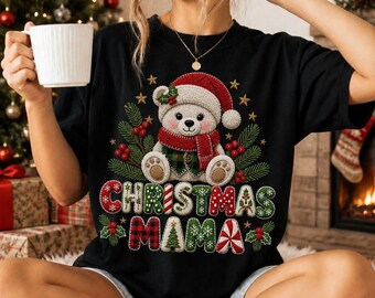 Christmas Mama Bear PNG, Faux Embroidery, Cottagecore Holiday Design (Digital Download)