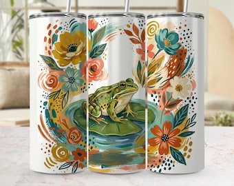 Diseño floral digital estilo cottagecore para vaso con diseño de nenúfar y rana caprichosa (PNG)