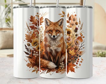 Diseño PNG de envoltorio para vaso con zorro otoñal en acuarela, diseño acogedor de naturaleza boscosa para sublimación (archivo digital)