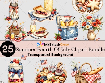 Clipart pique-nique patriotique aquarelle, graphiques barbecue du 4 juillet (téléchargement numérique)