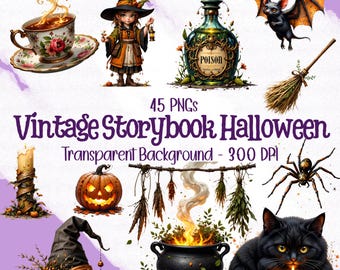 Paquete de imágenes prediseñadas de Halloween con estilo de cuento de hadas vintage: ilustraciones originales para descarga instantánea y proyectos de diseño por sublimación.