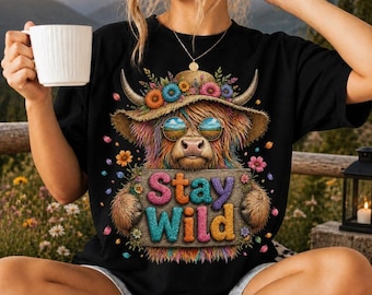 Stay Wild Highland Cow PNG, Boho Flower Cow Sublimation Design (Digital Download)