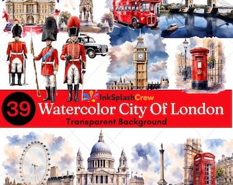 Paquete de imágenes prediseñadas de lugares emblemáticos de Londres en acuarela / 39 archivos PNG (descarga digital)
