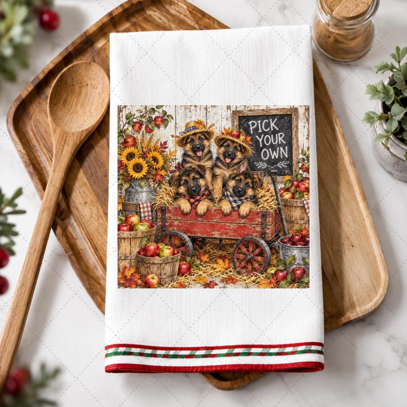 German Kitchen Rag German Shepherd Puppies Apple Orchard Fall Print, Rustic Farmhouse Dog ...