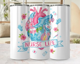 Diseño de vaso térmico con diseño de corazón en acuarela "Vida de enfermera" (Descarga digital)