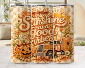 Diseño PNG de vaso térmico con diseño de calabaza y camión de otoño / Diseño digital Sunshine Good Vibes (Descarga digital)