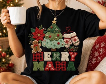 Merry Mama Christmas PNG, Faux Embroidery Tree, Gingerbread, Mittens (Digital Download)
