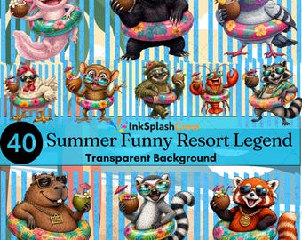 Paquete de imágenes prediseñadas de animales tropicales divertidos, PNG de vacaciones de verano en la playa