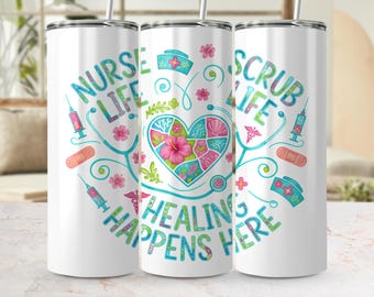 Diseño PNG para envoltorio de vaso con temática tropical de la vida de enfermera / Diseño de sublimación "La sanación ocurre aquí"