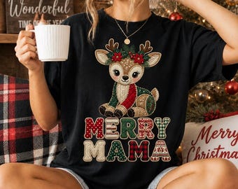 Merry Mama Christmas Deer PNG, Quilted Patchwork Fawn, Rustic Holiday Shirt (Digital Download)