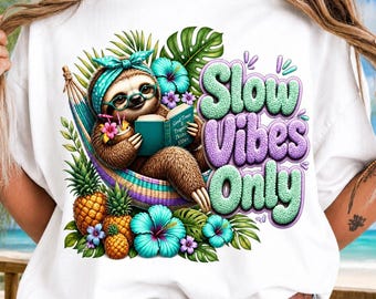 Slow Vibes Only Sloth PNG, Tropical Summer Book Reading Design (Digital Download)