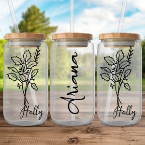 Personalized Birth Flower Glass Tumbler: Holly Floral Design, Custom Name Gift
