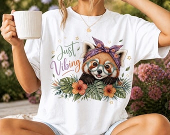 Just Vibing Red Panda PNG, Floral Glasses, Tropical Hibiscus (Digital Download)