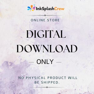 Puede incluir: Anuncio de un producto de descarga digital con el logotipo de InkSplashCrew. El texto dice "DESCARGA DIGITAL S&Oacute;LO", con una nota que indica "NO SE ENVIAR&Aacute; NING&Uacute;N PRODUCTO F&Iacute;SICO."