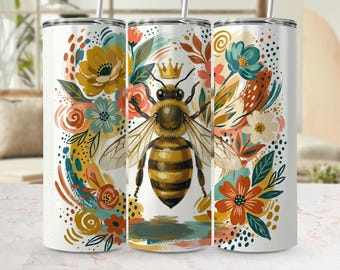 Diseño PNG de envoltura floral de abeja reina para vaso, estilo bohemio (descarga digital)